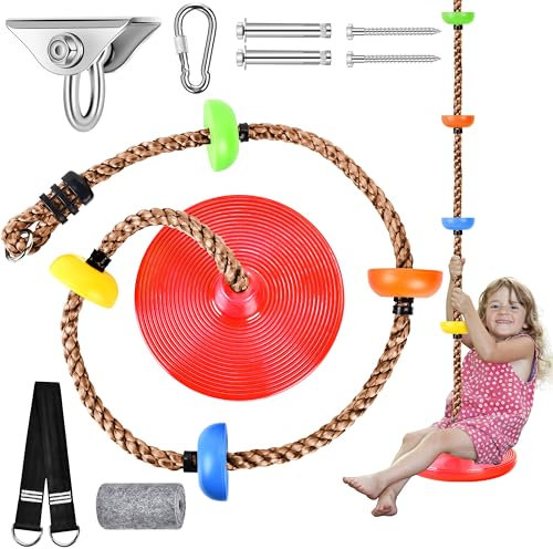 Herefun Corde d'escalade Balancoire, Balançoire Disque pour Enfants avec Plateforme, Crochets, Bande de Connexion, Charge maximale 200 kg, Balançoire Extérieur Suspendu pour Balcon Jardin (Rouge)