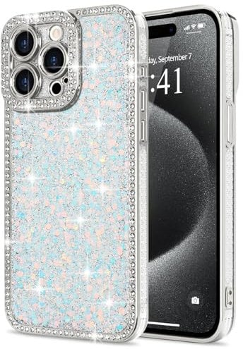 Lafunda for iPhone 15 Pro Max Case for Womens Girls, Luxury Bling Glitter Diamond Crystal Festival Shiny Case Camera Protection Shockproof Silicone TPU Phone Cover for iPhone 15 Pro Max 6.7, White