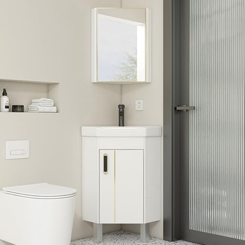 LYXWGRZD Eckwaschbecken, kleines bodenstehendes Waschbecken, Eckwaschtisch mit Spiegel, großes Keramik-Eckwaschbecken, Waschbecken mit Überlauf(Wit)
