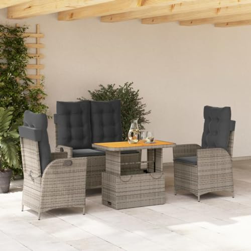 IKAYAA Ratan Gartenmöbel Set 4 Personen Terrassenmöbel Set mit 1 Verstellbarer Relaxbank, 2 Verstellbarer Sessel und 1 Höhenverstellbarer Gartentisch Balkon Set für 4 Personen Grau Type-3