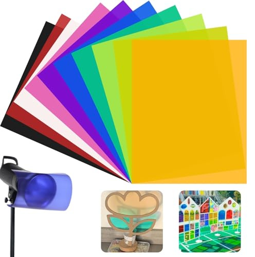 10 Stück Folie Hitzebeständig für Lampen, 10 Farben LED Folie, A4 Transparent Farbfolien für Scheinwerfer, Farbkorrektur-Gel-Lichtfilter für Foto Lampe, Scheinwerfer, Foto Studio Strobe