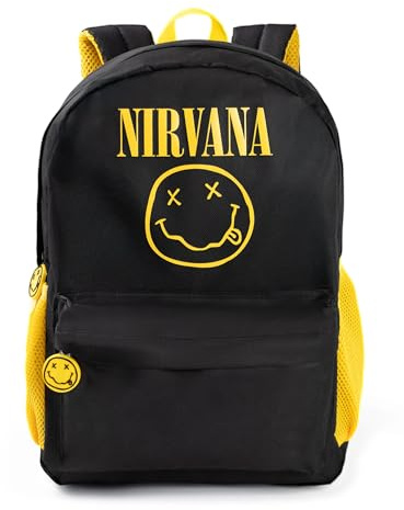 Nirvana Unisex Black Logo Backpack | Durable Fabric with Front Pocket & Side Mesh Pockets | Back to School Bag for Carrying Books & Personal Items Band Merch