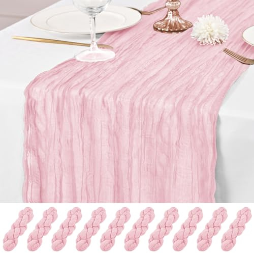 10 Pièces Chemin de Table Rose, Chemin de Table en Étamine 55x300 cm Chemins de Table en Gaze Rustique Chemins de Table Romantiques en Tissu Transparent Long pour Fête de Mariage, Fête Prénatale