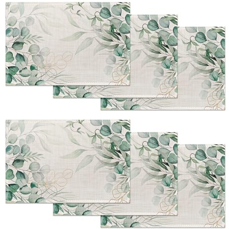 Eucalyptus Leaf Placemats Set of 6,Gold Line Placemats Washable Kitchen Dining Linen Table Mats Stain Heat-Resistant for Home Party Indoor 12x18 inch