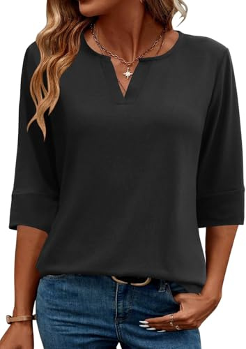 Tisfeer Women's 3/4 Sleeve Tops V Neck Ladies Blouses Dressy Tunic | Elegant Tops Summer Autumn T Shirts Dressy Outfits for Women Going Out Top Comfy Soft Variety of Floral S-2XL