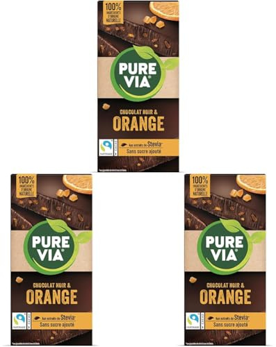 Pure Via Tablette Chocolat Noir & Orange à la stevia, sans sucre ajouté, Équitable 100g (Lot de 3)