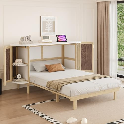 LAKFEW Cama Abatible Camas Juveniles Cama 140x200 cm con Diseño Tipo Armario y Estante Almacenaje, Camas Matrimoniales Murphy Bed Que Ahorra Espacio, Soporte Listones Madera,Color Madera, Sin Colchón