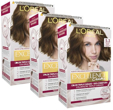 L'Oréal Paris Pack 3 Excellence 5.3 Castaño Claro Dorado | Pack de 3, Tinte permanente, Triple Cuidado con Pro-Keratina, Ceramida e Ioneno G, Excellence