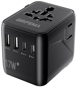GRIFEMA Adattatore universale da viaggio 6 in 1 | Con 2 USB C, 2 USB A e 2 prese AC, per UK, USA, Europa, Australia, Italia e Giappone