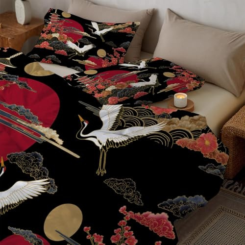 CDXNORA Housse de Couette Rouge 140x200 cm, Douce Microfibre Grues Blanches Pagode Cerisiers en Fleurs Housse de Couette, Réversible 2 pièces Style Ukiyo-E Japonais Parure de Lit
