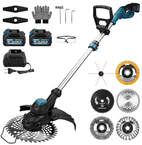 980 W Cordless Grass Trimmer with 2 x 4Ah Batteries and Charger, 7 Types of Blades, 100-140 cm Length Adjustable, 7-in-1 Strimmer Cordless for Garden, Lawn
