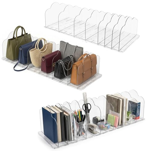 Ninonly 12PCS Adjustable Acrylic Handbag Storage Organiser for Closet | Clear Shelf Dividers Multi-Functional,8 Dividers and 2 Anti-slip Baseboards,for Storage Handbags, Clothes, Sweater, Towel