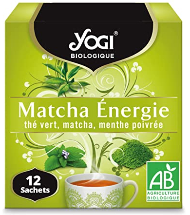 Yogi Biologique Matcha Énergie, Thé Vert 100% Bio Matcha et Menthe Poivrée, 12 Sachets thermosoudés et sans agrafe, 21.6 g, 310911