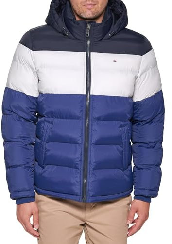 Tommy Hilfiger Men's Hooded Puffer Jacket Down Alternative Coat, Bluebell Color Block, XXL