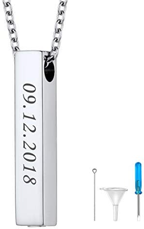 U7 Collier Urne Funéraire Animaux Acier Personnalisé Pendentif Barre Verticale Ouvrable Porte Cendres/Poils de Chien/Chat Chaîne 50cm/2.5mm Fournie