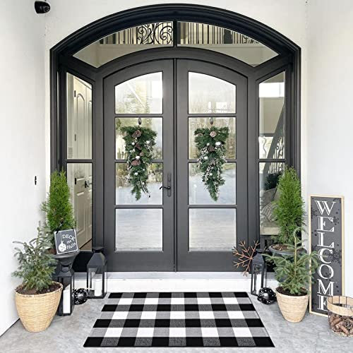 Tapis Buffalo à Carreaux Noir/Blanc - 27,5 x 110 cm - en Coton tissé à la Main Buffalo à Carreaux - Porte Lavable - Porch/Kitchen/Farmhouse Area Rugs (71,5 x 114 cm, Noir/Blanc)