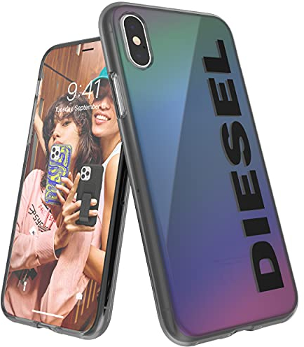 Diesel Handyhülle Designed für iPhone X Hülle/iPhone XS Hülle, Holografische Klapphülle, stoßfest, falltestgeprüfte Schutzhülle mit erhöhtem Rand, Holografische/Schwarz