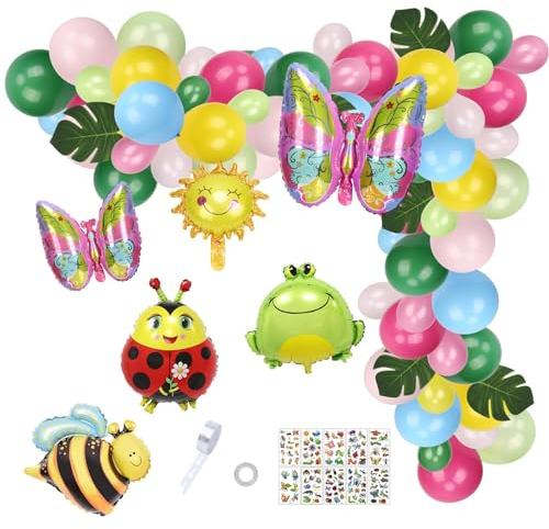 HAKOTOM 85Pcs Garten Geburtstagsdeko Kinder Insekt Folienballon Bunt Luftballons Dschungel Latexballons Mädchen Jungen Kindergeburtstag Ballon mit Schmetterlinge Bienen Marienkäfer Frosch Sonnenschein
