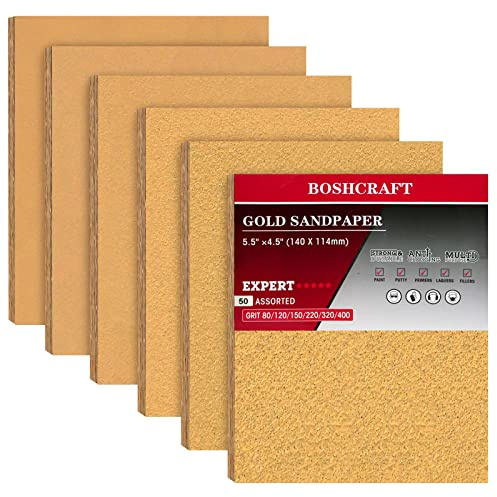 BOSHCRAFT 50 Pcs 1/4 Sheet Sandpaper, Premium Sand Paper 80/120/150/220/320/400 Grit Sandpaper Sheet Sand Paper Assortment for Wood Metal Automotive Palm Sanders 5.5 x 4.5