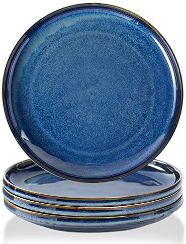 KYBSCZ Ceramic Flat Plates Set of 4-8 in - The Dessert, Salad, Appetizer, Small Lunch, etc Plate. Microwave, Oven, and Dishwasher Safe, Scratch Resistant. Kitchen Porcelain Dish-Royal Blue