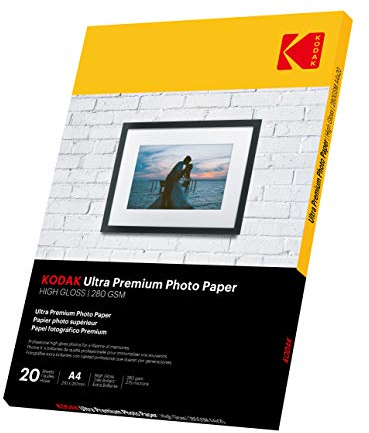 KODAK A4 Ultra Premium glänzend fotopapier 280 g/m2, 20 Blatt fotopapier für Tintenstrahldrucker, DIN A4 photopapier Fotokarten Photokarten Sofort Trocken Wasserfest Hochweiß fotoblätter
