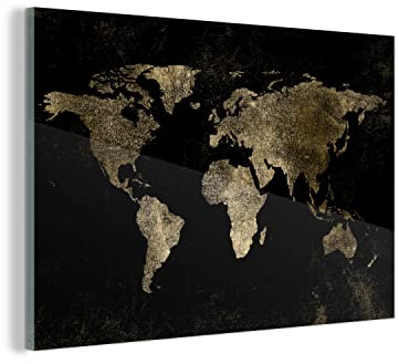 MuchoWow Glasbild Glasfoto Wandbild Bilder Deko 120x80 cm Weltkarte - Schwarz - Gold