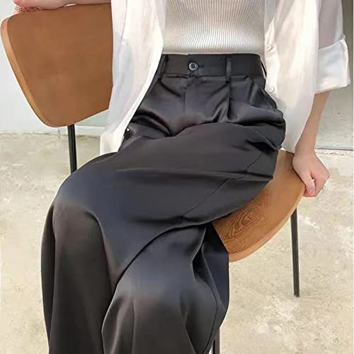 Pantaloni Da Donna In Raso A Gamba Larga - Pantaloni Dritti Da Donna Sottili Primavera Estate Moda Pantaloni Larghi Neri A Vita Alta In Seta Di Ghiaccio Di Grandi Dimensioni Pantaloni Tinta Unita D