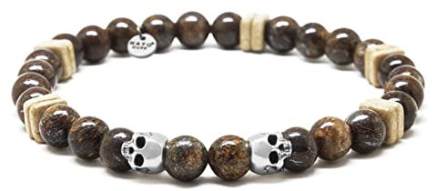 Nato Cuff - 925 Sterling Silber Totenkopf Skull Armband - Bronzite Perlen Halbedelsteine - Griechische Keramikperlen- Herren und Damen schmuck Handgefertigt in Frankreich (Medium 17cm)