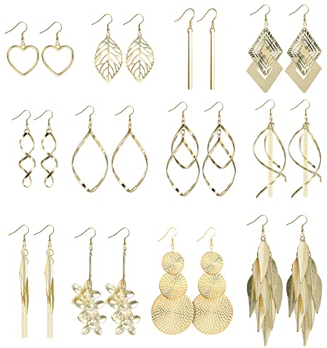 12 Paar Gold Tropfen Ohrringe für Damen Frauen, Verschiedene Haken Ohrhänger Boho Set, Rund/Prisma/Feder/Kette/Wellendrehung einzeln/doppelt linear hohl/Blume/Herz/Blätter/lange/Fransen Ohrringe