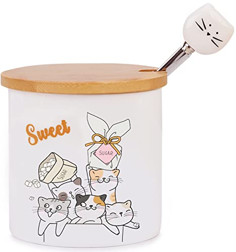 Chase Chic Keramische Zuckerdose, Klein Porzellan-Zuckerdose mit Holzdeckel und Edelstahllöffel mit Katzenmuster für Küche und Frühstück zu Hause, bestes Geschenk für Katzenliebhaber, 266ml (9oz)