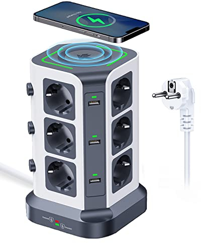 KOOSLA - Regleta de 12 enchufes con estación de carga inductiva, 1500 J, protección contra sobretensiones, torre de enchufe con USB-A e interruptor para oficina, cocina, mesa, cable de 2 m