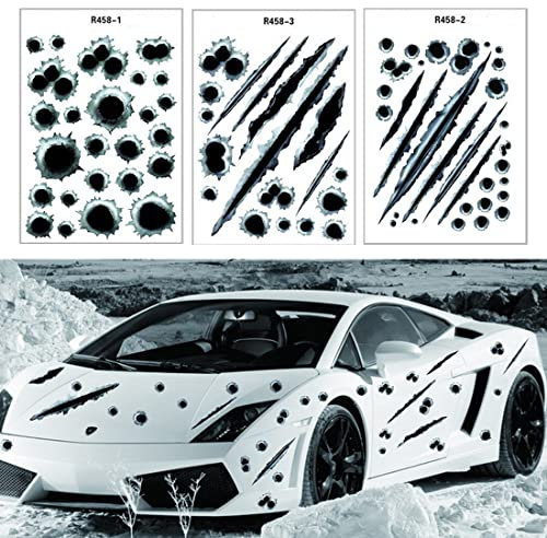 3 Blätter Einschusslöcher Sticker Set als Auto-Aufkleber PET Wasserdicht 3D Einschusslöcher Vinyl Film für Roller Moped Motorrad-Helm Notebook Laptop Smartphone