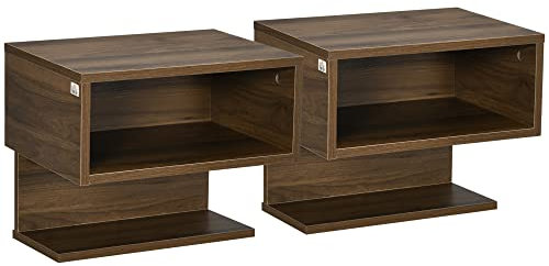 HOMCOM Vintage Nachttisch, Wandregal aus Nussbaum, 2-teiliges MDF-Set mit offenem Regal und Tischplatte für Wohnzimmer, Küche und Schlafzimmer, 40x29,5x33,5 cm
