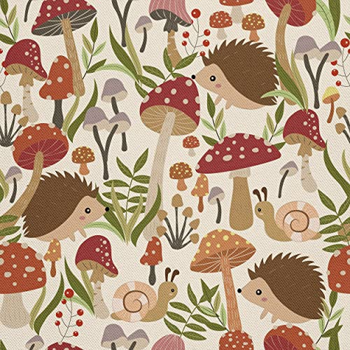 HEKO PANELS Stoff Oxford Meterware Canvas-Stoff Polyester Zum Nähen Nähstoffe Möbelstoffe Dekostoffe Wasserabweisend Kinder Igel Fliegenpilze Wald 1 Meter 155 x 100 cm, DX288
