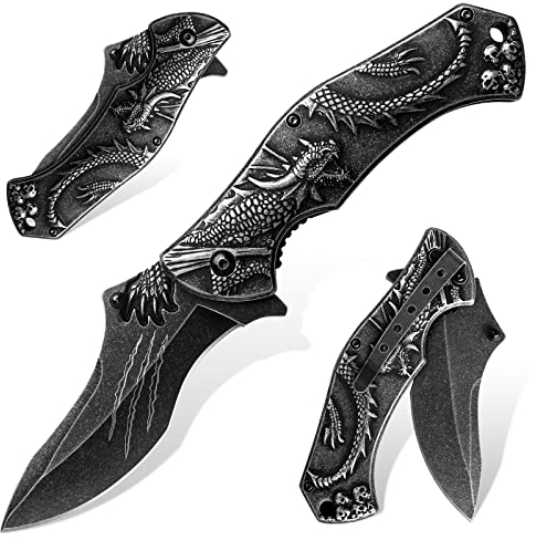 Dragon Creek Klappmesser Outdoor D2 Stahl Taschenmesser Bushcraft Messer mit geprägtem Drachen Outdoor Survival Messer mit Daumenknopf und Flipper Jagdmesser für Wandern Camping
