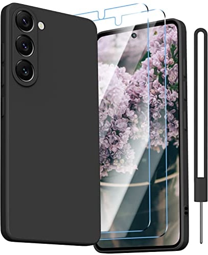 Kukiwhy für Samsung S23 Hülle mit 2 Stück Panzer Schutz Glas, Silikon Case Ultra Dünn Microfiber Kameraschutz Rundumschutz Anti-Kratzer Hanyhülle für Samsung Galaxy S23- Schwarz