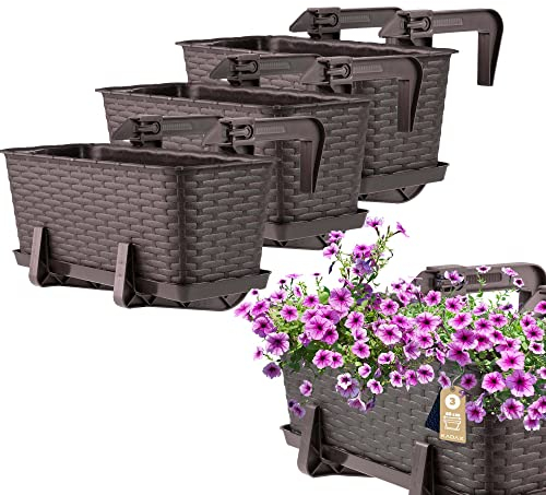 KADAX Lot de 3 jardinières 40 cm en Plastique avec Supports de Fixation – Bacs à Fleurs rectangulaires pour Balcon, Pots résistants pour Plantes et Herbes aromatiques (Brun)