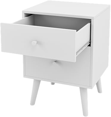 KOMFOTTEU Nachttisch mit 2 Schubladen, Beistelltisch mit Beinen aus Kautschukholz, Nachtschrank für Wohnzimmer, Schlafzimmer, 45 × 39,5 × 61,5 cm (Weiß)