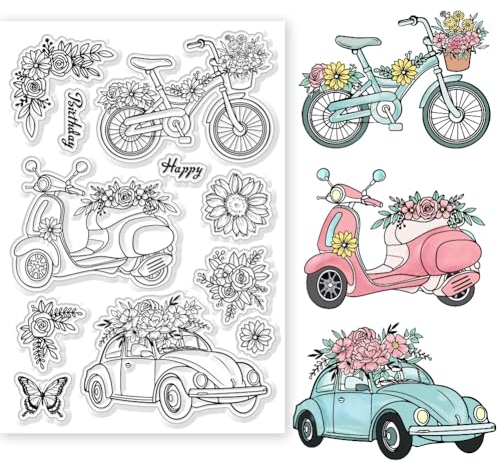 GLOBLELAND Transparenter Stempel 'Fahrrad Und Blumen' Für DIY Scrapbooking Motorrad Silikon Siegel Karten Fotoalbum Tagebuch