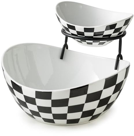 Miamolo Tiered Serving Bowls Chip and Dip Serving Set with Stand, Ceramic Appetizer Serving Dishes Platters and Trays for Parties Entertaining - Checkered Kitchen Decor