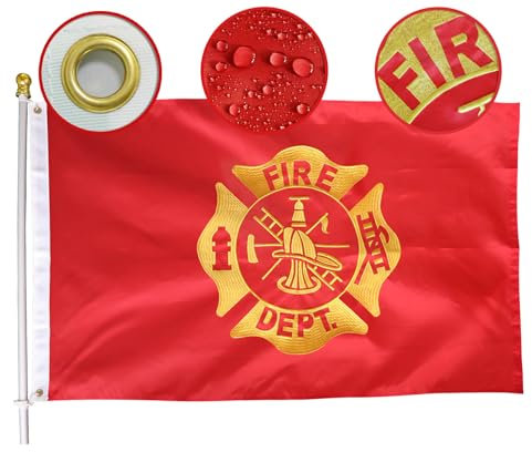 MIDLE Feuerwehr-Flagge, 90 x 152 cm, groß, gesticktes Feuerwehr-Logo, vierfach genähte Fliegenenden, US-Feuerwehrmann-Flaggen, Hausdekoration