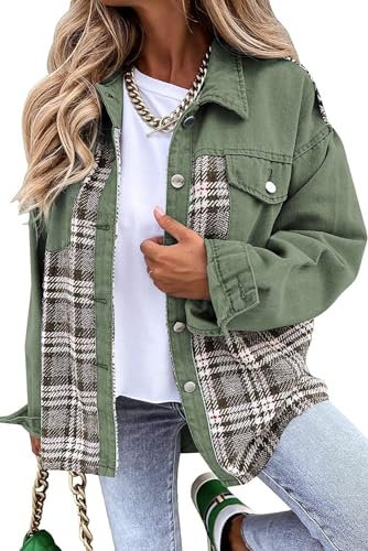 Damen Button Down Denim Jacken für Frauen Mode Langarm Plaid Shacket Jacke, grün, 42