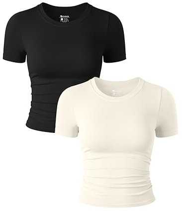 OQQ 2-teiliges Damen-Shirt Kurzärmelig Rundhalsausschnitt Gerüscht Stretch Enganliegend Bauchfrei Schwarz Beige