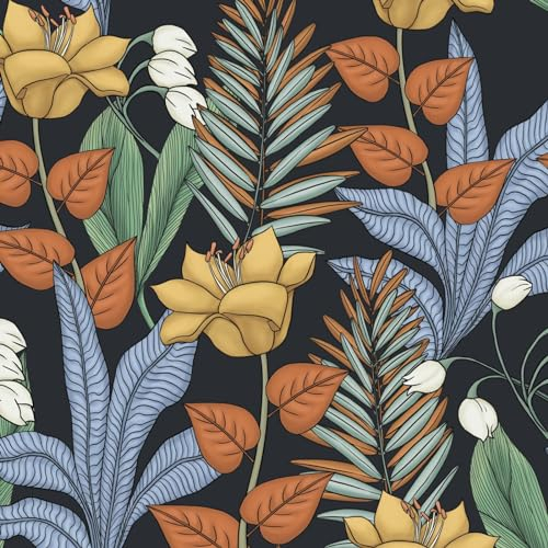 Fvlow Papier Peint Autocollant Floral Noir et Orange Vintage - Vinyle Adhésif Mural pour Chambre à Coucher et Salon - 44,5 cm × 300 cm