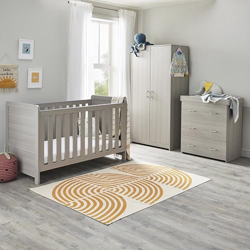 Babymore Caro Mini 3 Piece Nursery Room Set Grey Wash - 1 Baby Cot Bed & One 2 Door Wardrobe With Hanging Rails & 1 Chest Changer, Wooden Chest Of Drawer Storage Cabinet | 3 Piece Room Furniture Set