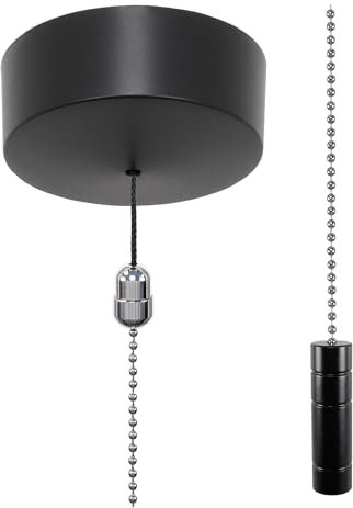 ElekTek Premium Matt Black Bathroom Light Pull Cord Switch Kit - Black Cylinder Chrome Chain