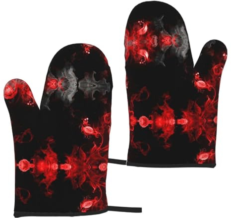 Lot de 2 gants isolants pour four à micro-ondes Motif abstrait Rouge/noir/blanc