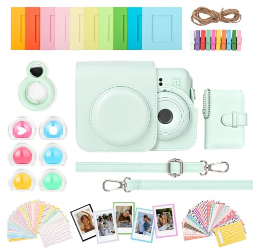 HIYQIN 8 en 1 Housse et Accessoires Compatibles avec Fujifilm Instax Mini 12, Polaroid Instax Mini 12 Album Photo/Cadres/Autocollants/Filtre d'objectif/Miroir Selfie - Vert Menthe