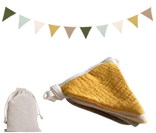 BURGEON Wimpelkette Kinderzimmer, Stoff Wimpelkette mit Jutesäckchen, Babyzimmer deko Mädchen & Jungen, Musselin Baumwolle Wimpelkette für Hausbett, Babybett, Wanddeko Geschenk, Gelb+Grün