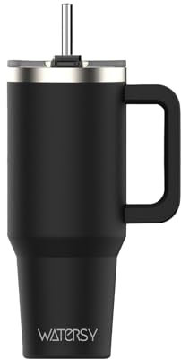 WATERSY 891ml Mug Isotherme avec Paille et Poignée, 30oz Double Acier Inoxydable Noir Tasse de Voyage Isotherme, Anti-fuite, Gobelet à Café à Emporter, Pour Voiture, Bureau, Travel